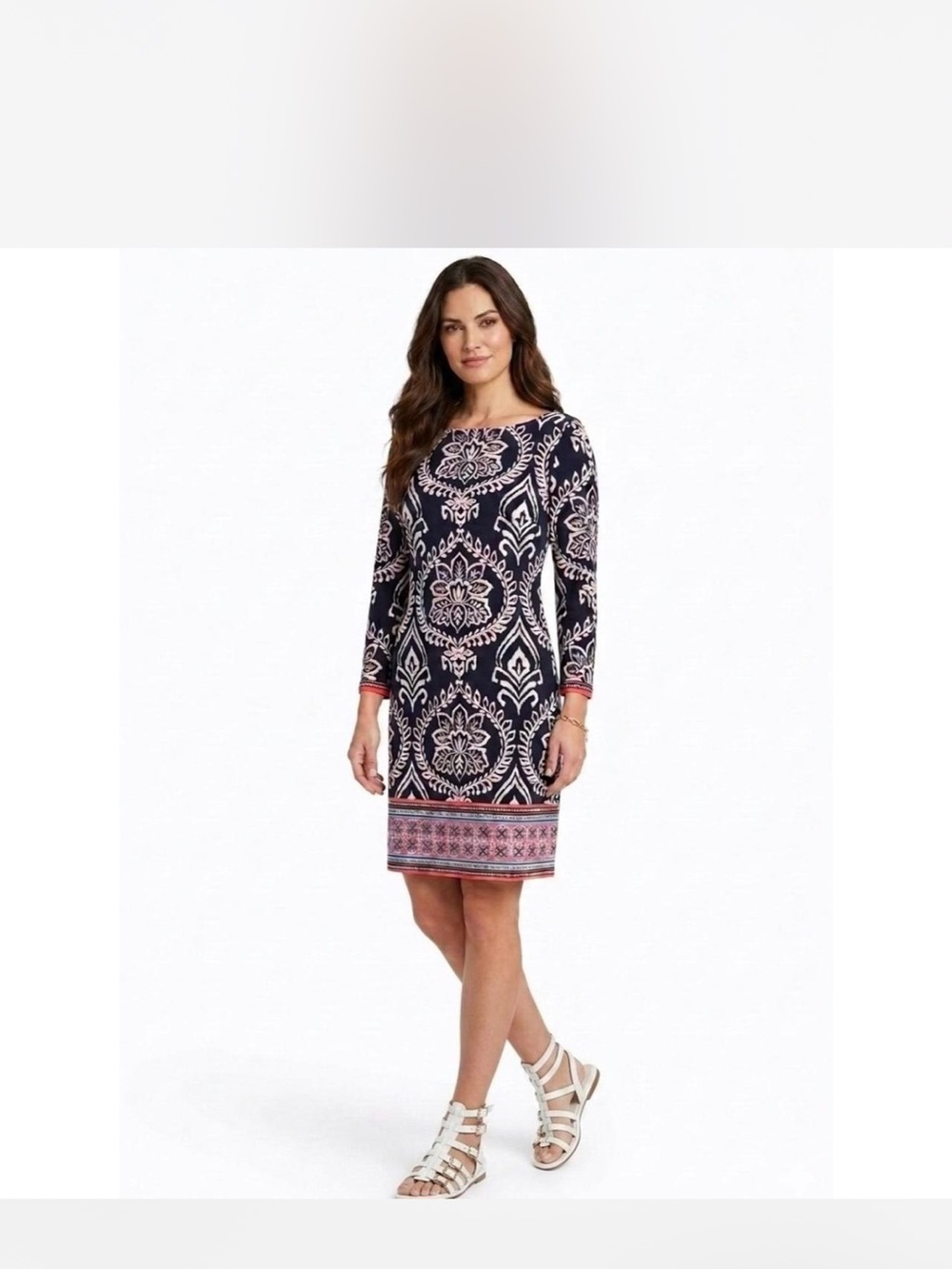Vince Camuto Navy and Pink Long-Sleeve Printed Shift Dress size 4